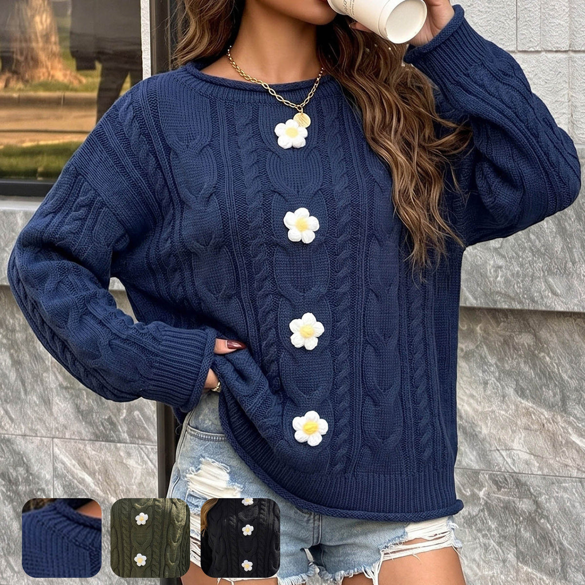 Damen-Häkelpullover im Patchwork-Stil mit weiter Passform