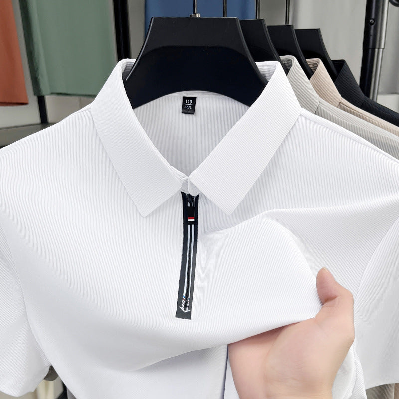 Herren Sommer Eisseide Halbreißverschluss Kurzarm Slim Fit Business Polohemd Stretch Unifarben