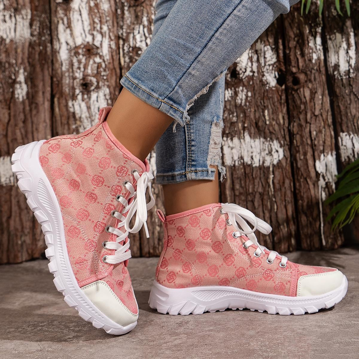 Damen Schnür Kurzstiefel mit runder Spitze und Rosenprint – Canvas Style
