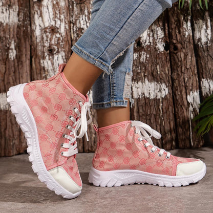 Damen Schnür Kurzstiefel mit runder Spitze und Rosenprint – Canvas Style