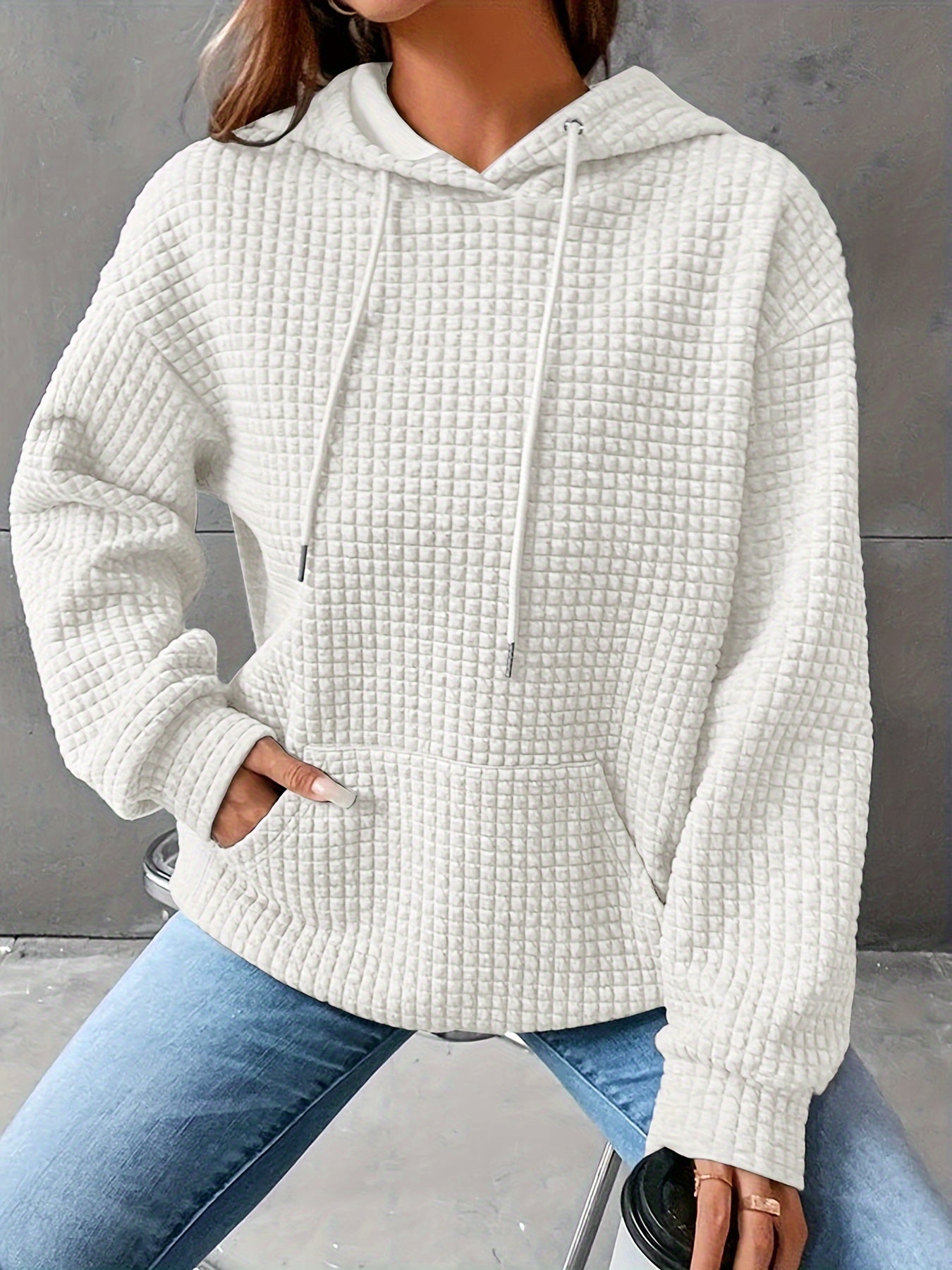 Damen Hoodie Waffelstrick Textur Kordelzug Kängurutasche