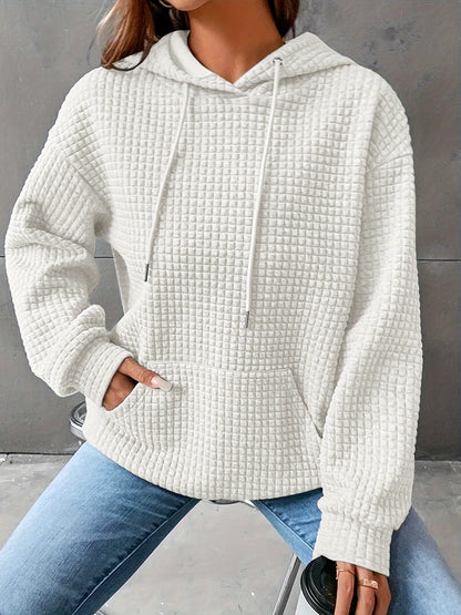 Damen Hoodie Waffelstrick Textur Kordelzug Kängurutasche