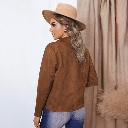 Women's autumn jacket made of faux suede with long sleeves and solid color design