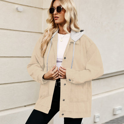 Damen Frühlingsjacke aus Denim-Mix mit abnehmbarer Kapuze und lockerem Schnitt
