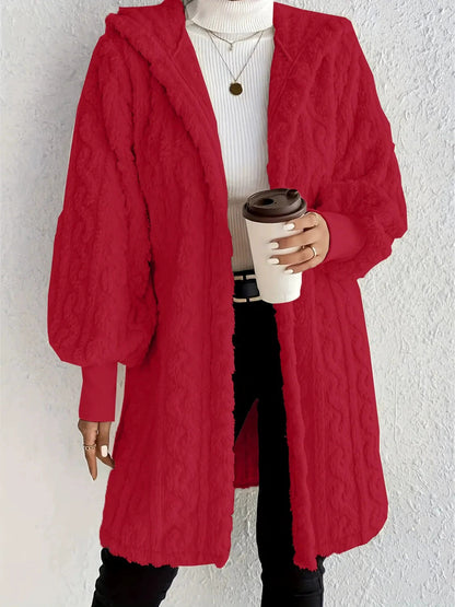Women's Long Hooded Coat with Plush and Ribbed Cuffs – Comfortable Style