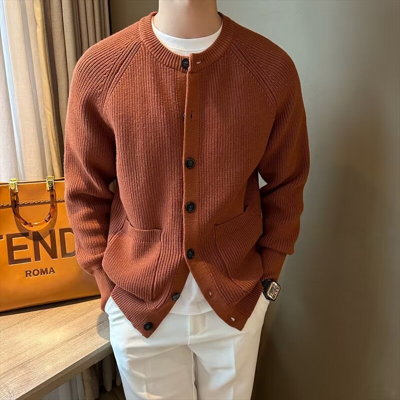 Herren Strickjacke Rundhalsausschnitt Langarm Figurbetonter Schnitt – Woll-Mischung