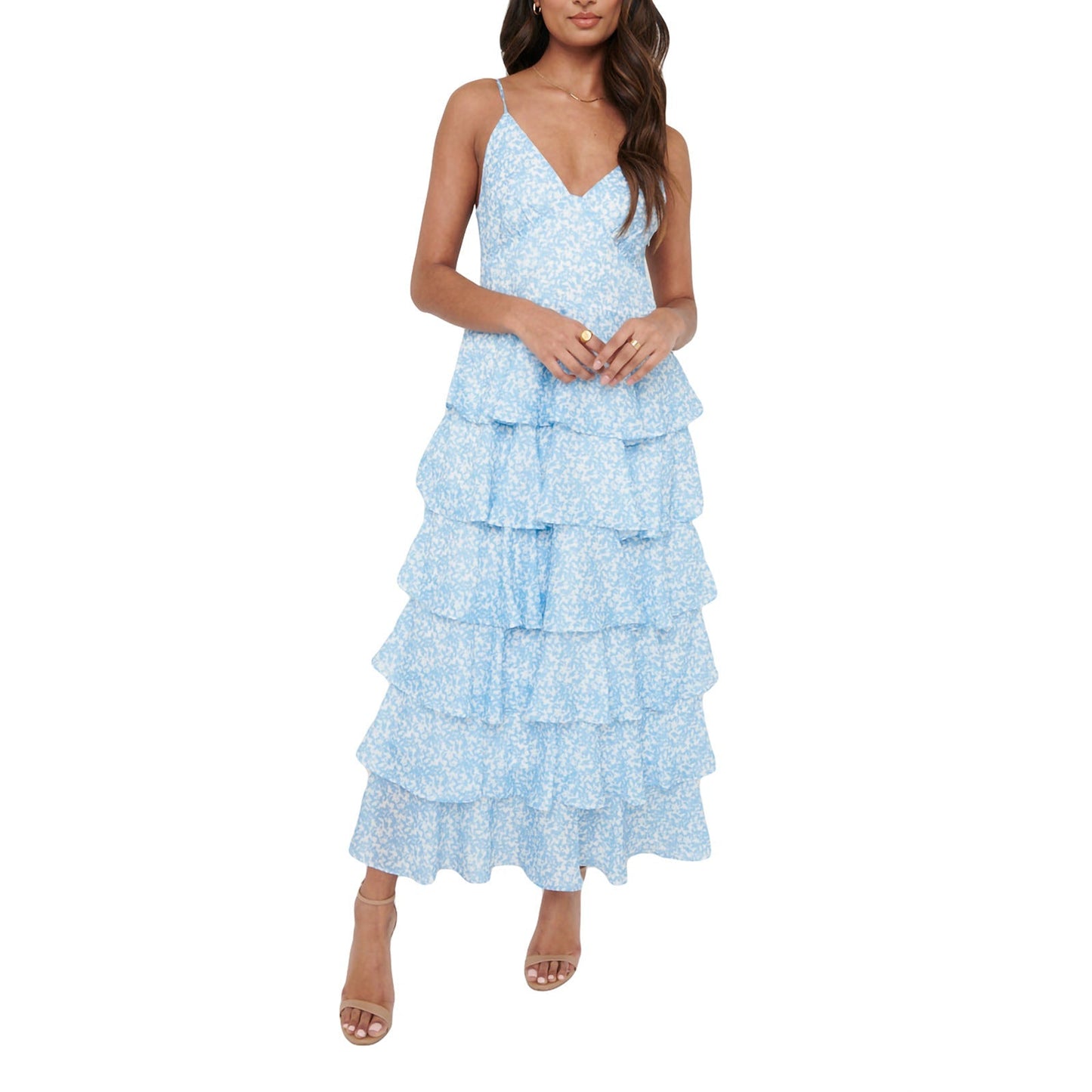 Damen Maxikleid mit Blattmuster – Spaghettiträger Ärmelloses Design