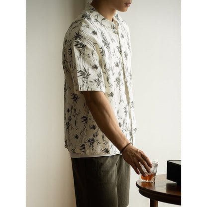 Herren Sommer T-Shirt mit Bambusblattmuster – Kurzarm Lockerer Schnitt