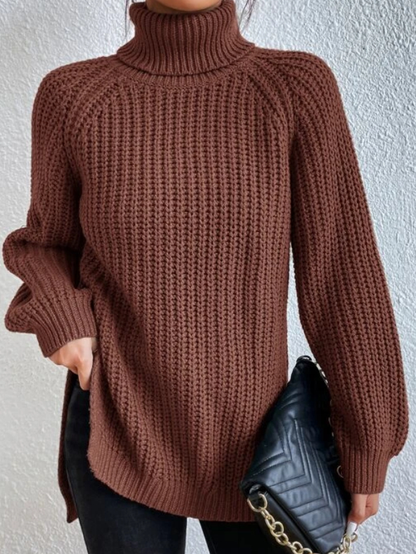 Women's Turtleneck Sweater with Raglan Sleeves and Slit Hem – Cotton Blend