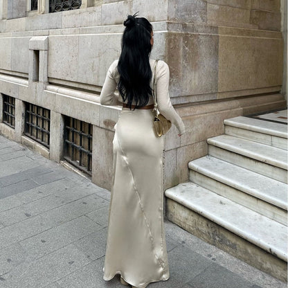 Damen Herbst Maxikleid mit hohem Taillenbund und asymmetrischem Faltenwurf – Einfarbig