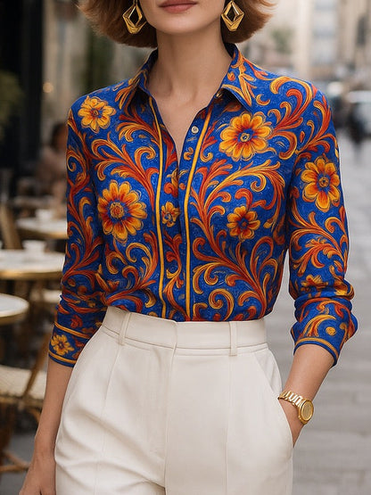 Women's Spring Blouse with Floral Pattern and Button Closure