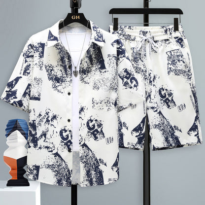 Men's Summer Sport Short-Sleeve Two-Piece Set Straight-Cut Shorts Matching Outfit
