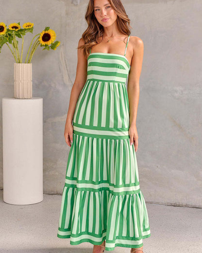 Women's summer maxi dress with stripe pattern, square neckline, backless & pockets – light style