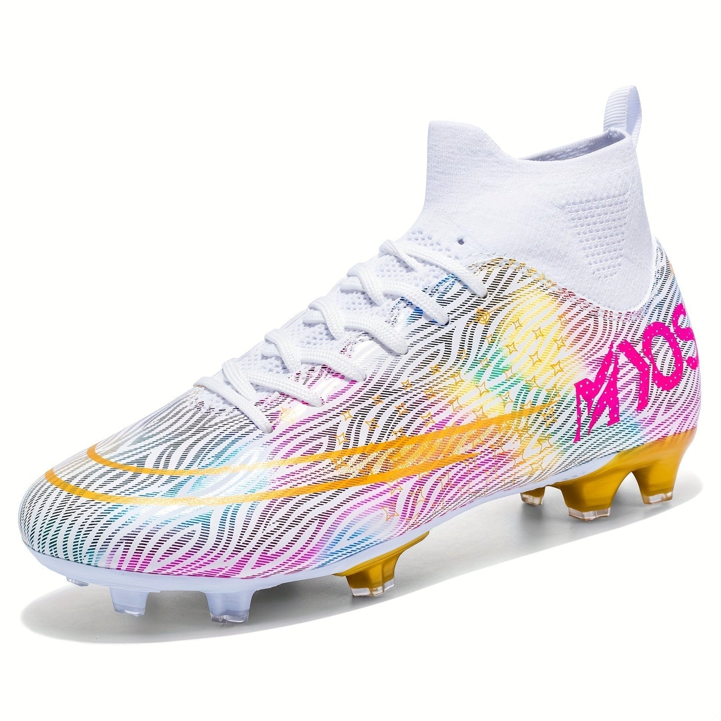 Fußballschuh Nike Mercurial Superfly 8 Elite FG, weiß mit buntem Muster, goldene Stollen, dynamische Passform, ideal für Rasenplätze.