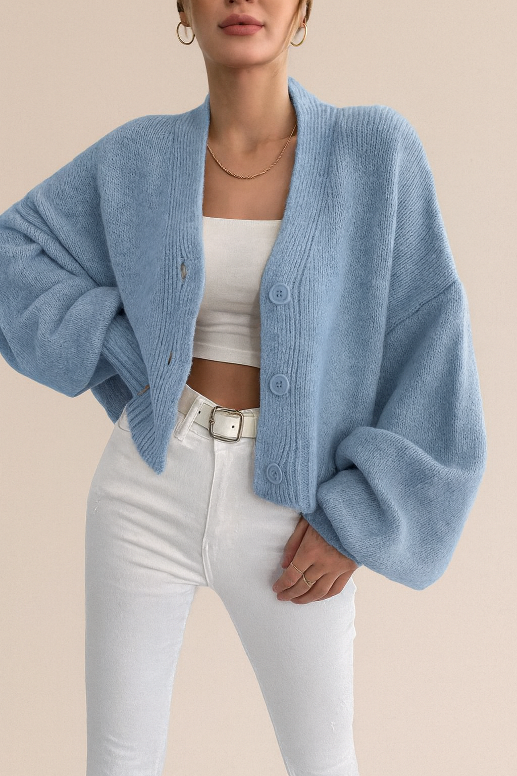 Damen Herbst Strick-Cardigan Kurz Geschnitten mit Puffärmeln und V-Ausschnitt