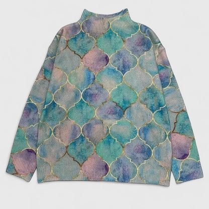 Women's knitted sweater with pastel pattern and high collar