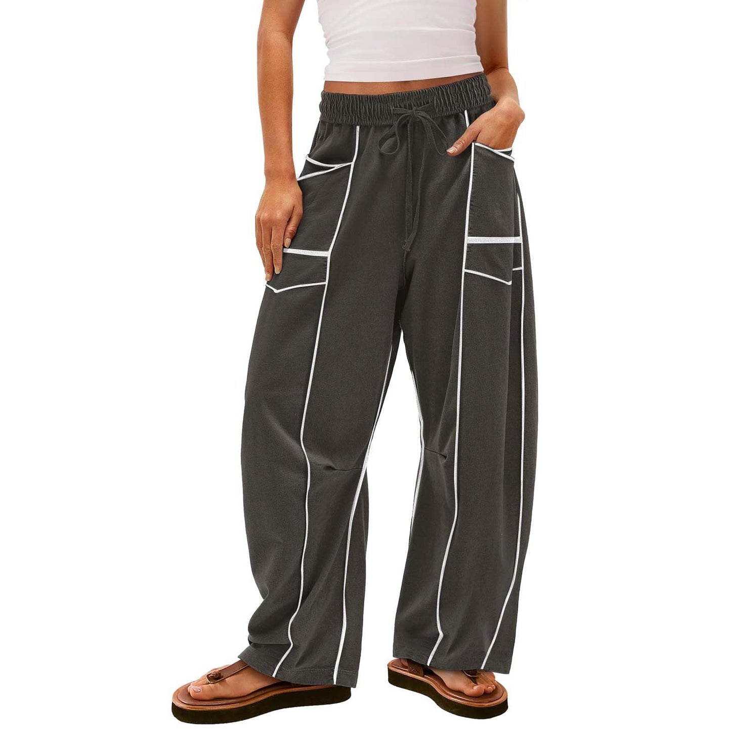 Women's Wide Pants with Drawstring, Striped Design and Side Pockets