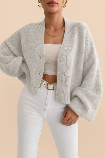 Damen Herbst Strick-Cardigan Kurz Geschnitten mit Puffärmeln und V-Ausschnitt