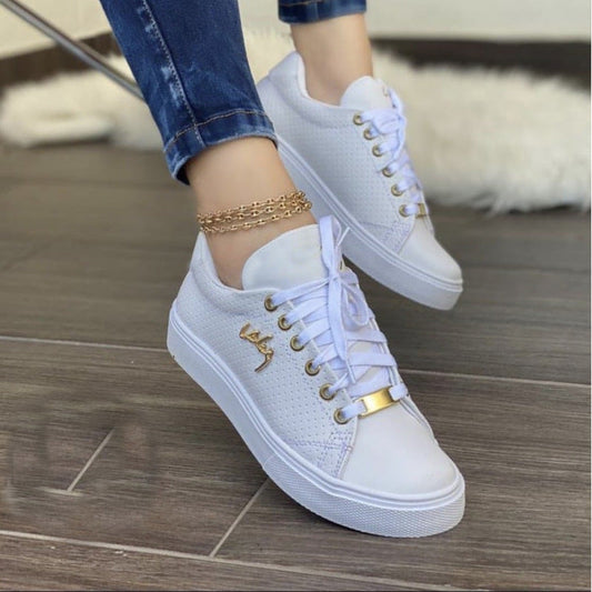 Women's Flat Lace-up Sneakers Breathable Round Toe Low Cut PU Sole