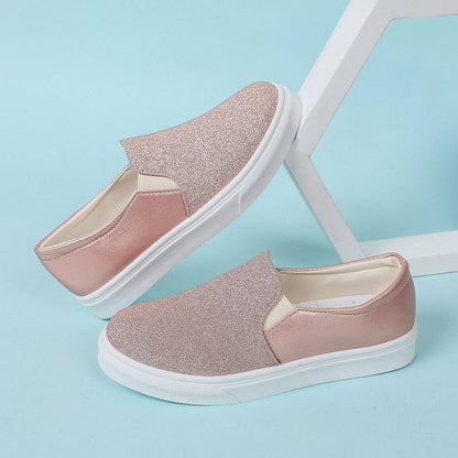 Women's slip-ons with round toe, sequins, elastic band, and flat rubber sole