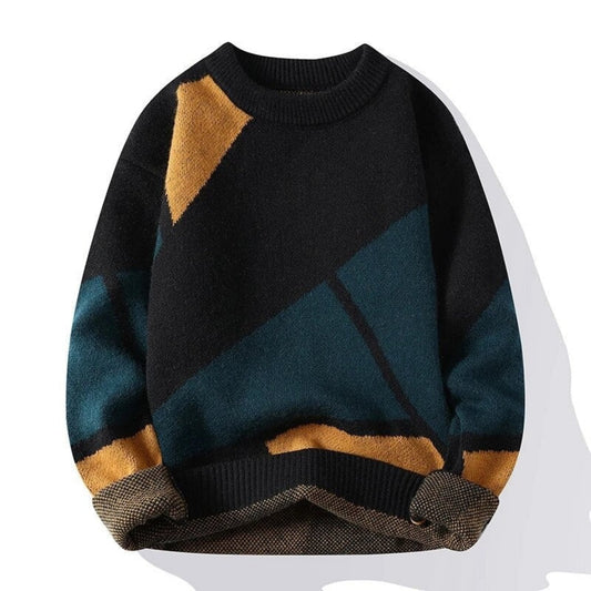 Schwarzer Pullover mit geometrischem Muster in Blau und Gelb, modischer Strickpullover für Herren, lässiger Stil, warme Winterkleidung.