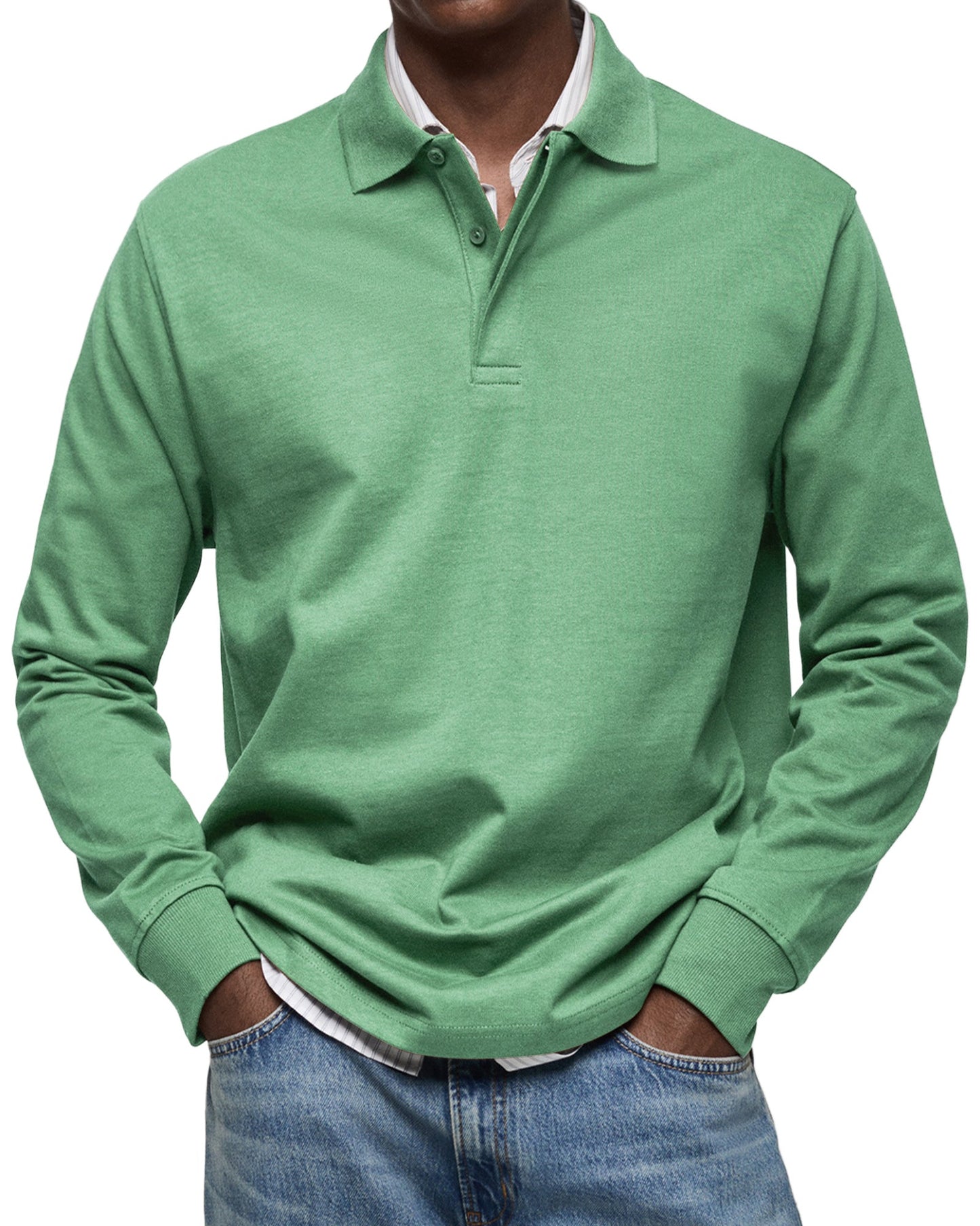 Men's Long-Sleeve Polo Shirt with Structured Collar and Button Placket