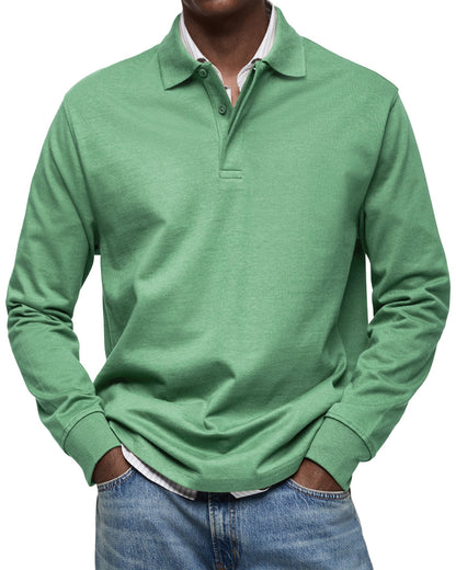 Men's Long-Sleeve Polo Shirt with Structured Collar and Button Placket