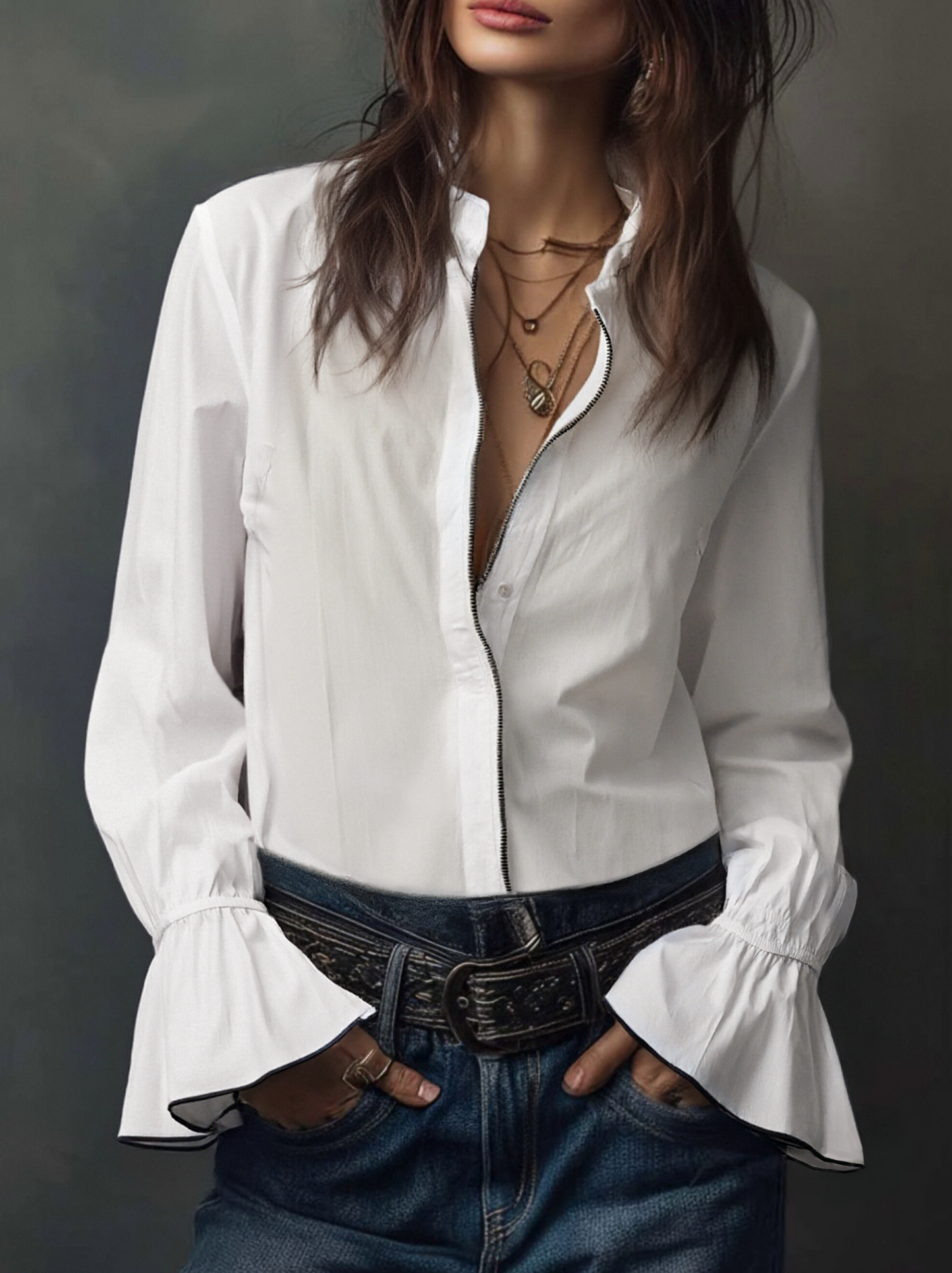 Women's blouse with zipper, convertible neckline, and flounce cuffs