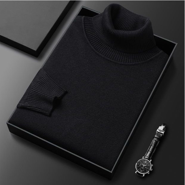 Schwarzer Rollkragenpullover in Geschenkbox auf schwarzem Hintergrund, daneben eine elegante Armbanduhr. Luxuriöse Herrenmode, stilvolles Accessoire.