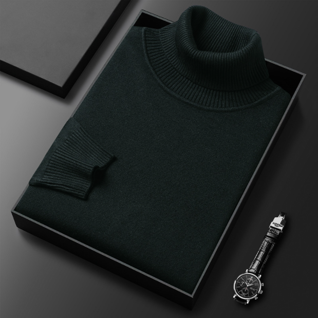 Schwarzer Rollkragenpullover in Geschenkbox neben eleganter Armbanduhr auf schwarzem Hintergrund. Hochwertige Mode, stilvolles Design, Herrenbekleidung.