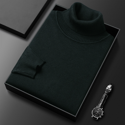 Schwarzer Rollkragenpullover in Geschenkbox neben eleganter Armbanduhr auf schwarzem Hintergrund. Hochwertige Modeaccessoires für Herren.