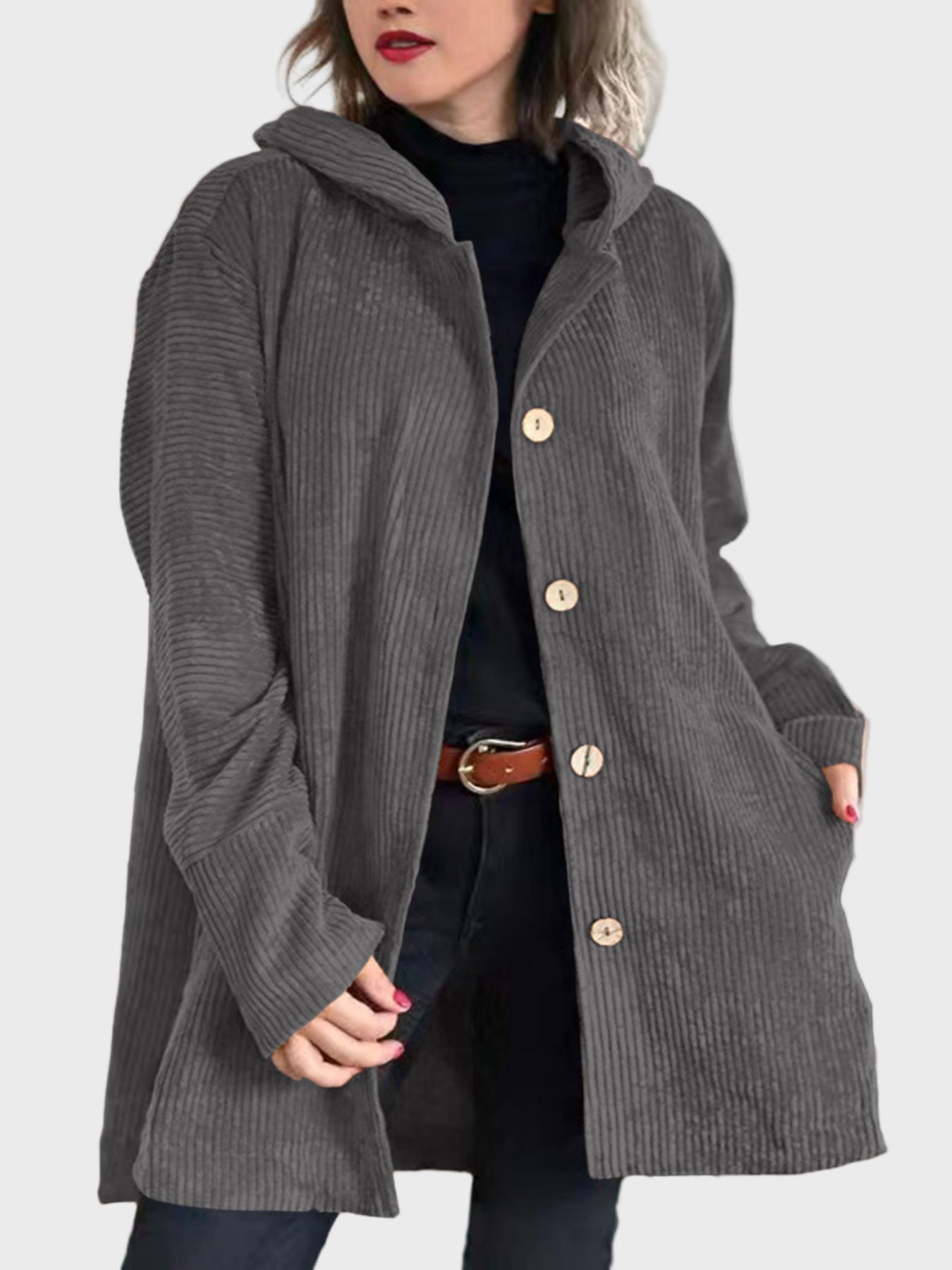 Damen Cordjacke mit Kapuze und Fronttaschen für den Herbst