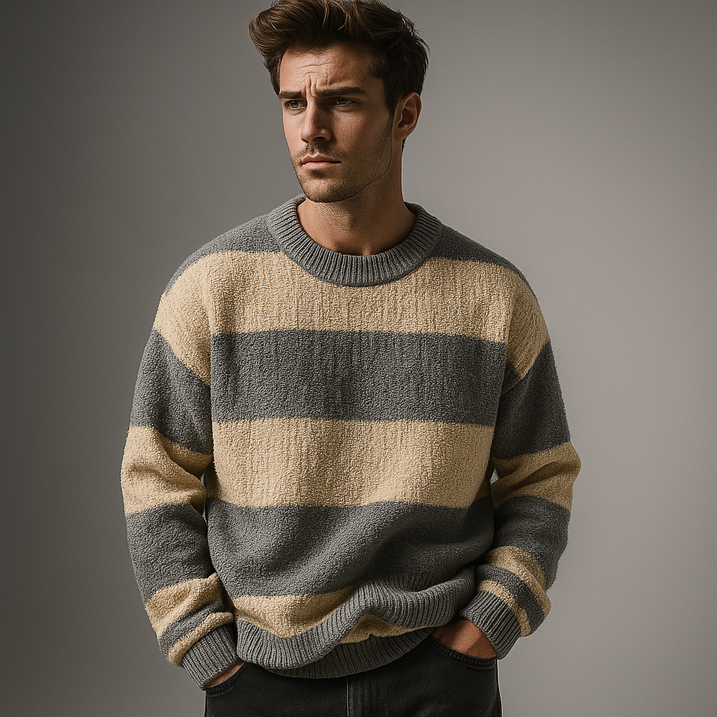 Men's knitted sweater with ribbed collar, hem, and regular fit