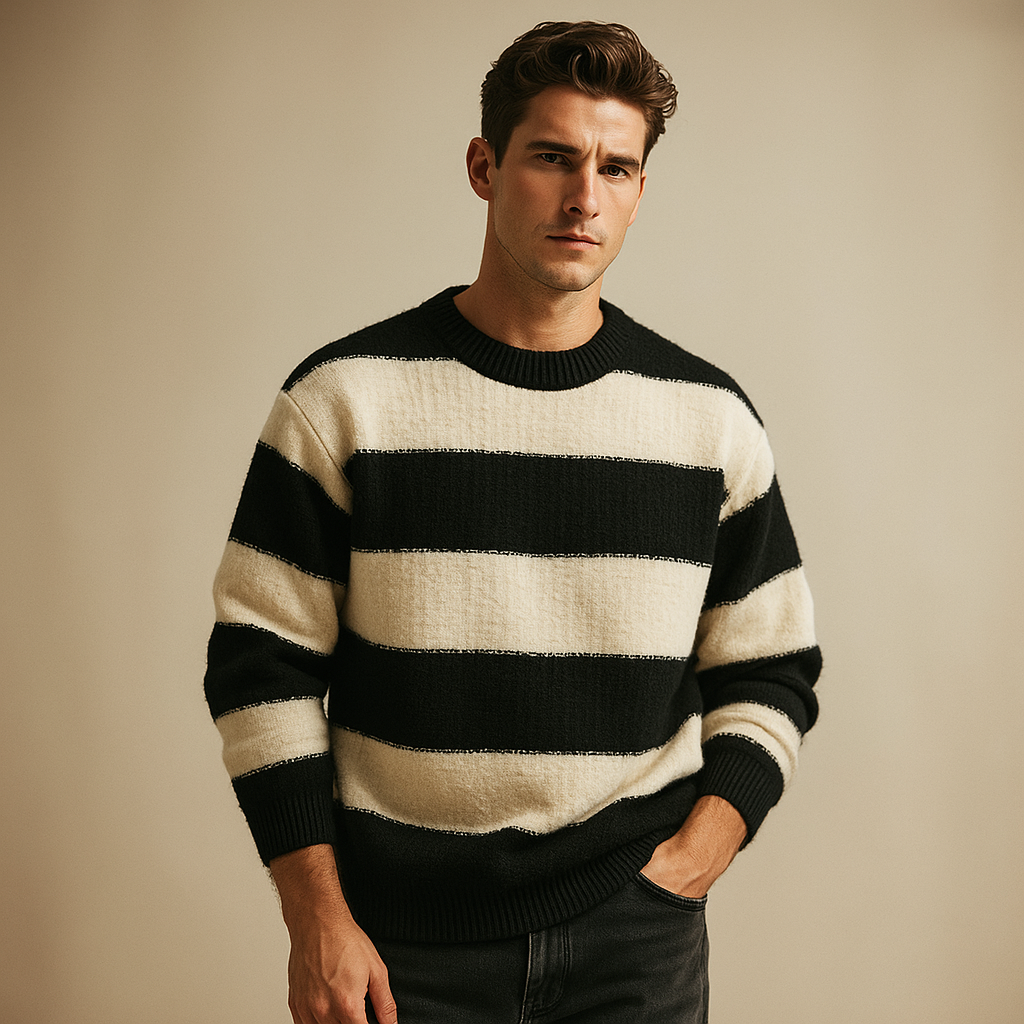 Men's knitted sweater with ribbed collar, hem, and regular fit