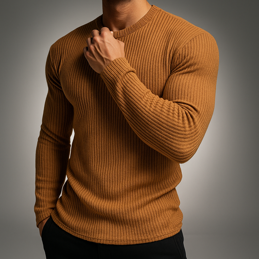 Ribbed knit sweater for men, slim fit, long sleeve