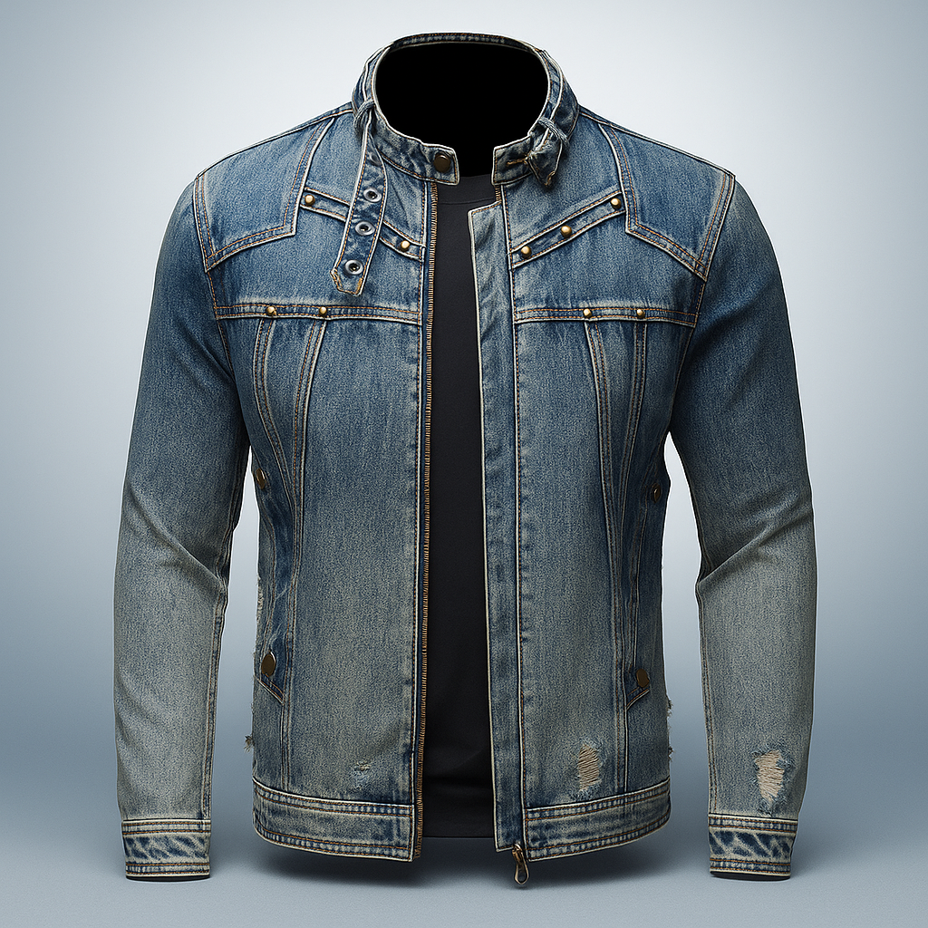 Men's Denim Jacket Stand Collar Brass Fittings Reinforced Seams