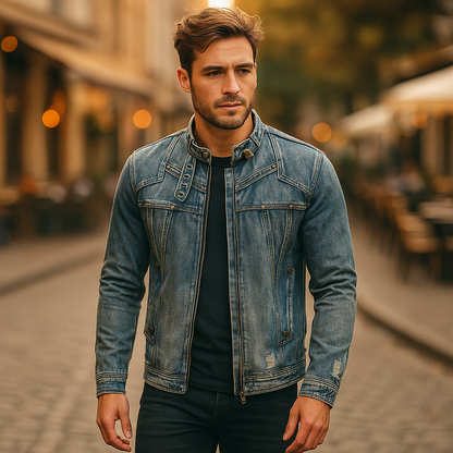 Men's Denim Jacket Stand Collar Brass Fittings Reinforced Seams