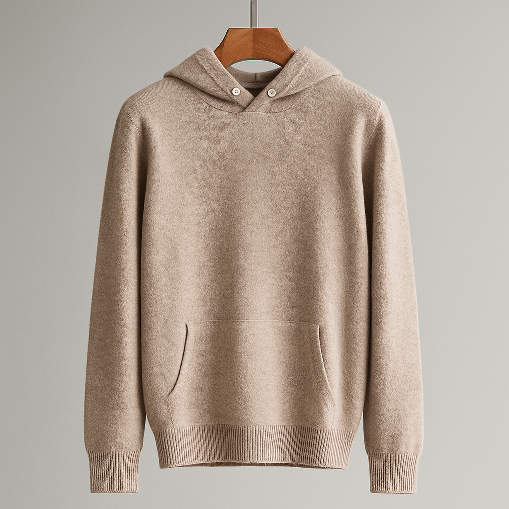 Beiger Kapuzenpullover aus Kaschmir, hängend an einem Holzkleiderbügel. Weiches Material, modisches Design, ideal für Herbst- und Wintermode.