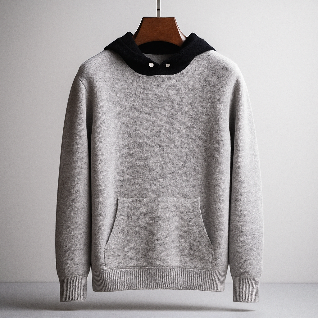 Grauer Kapuzenpullover aus Baumwolle mit Kängurutasche, hängend auf Holzkleiderbügel. Minimalistisches Design, modische Freizeitkleidung.