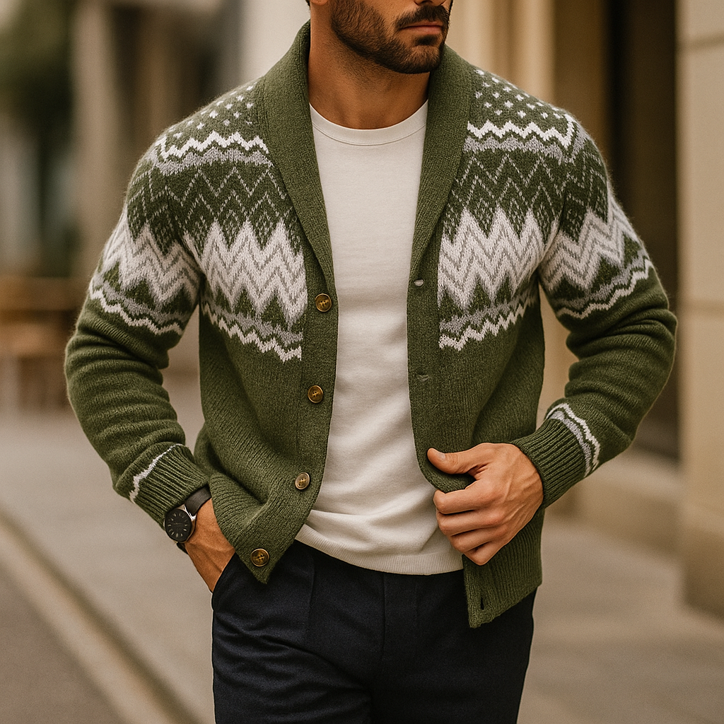 Herren Strickjacke Schalkragen Musterstrick Knopfleiste