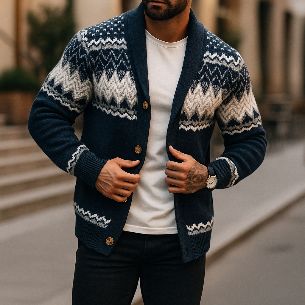 Herren Strickjacke Schalkragen Musterstrick Knopfleiste