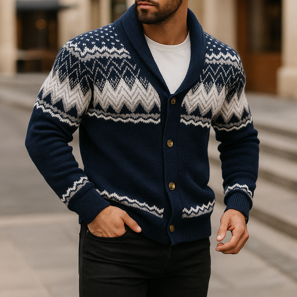 Herren Strickjacke Schalkragen Musterstrick Knopfleiste