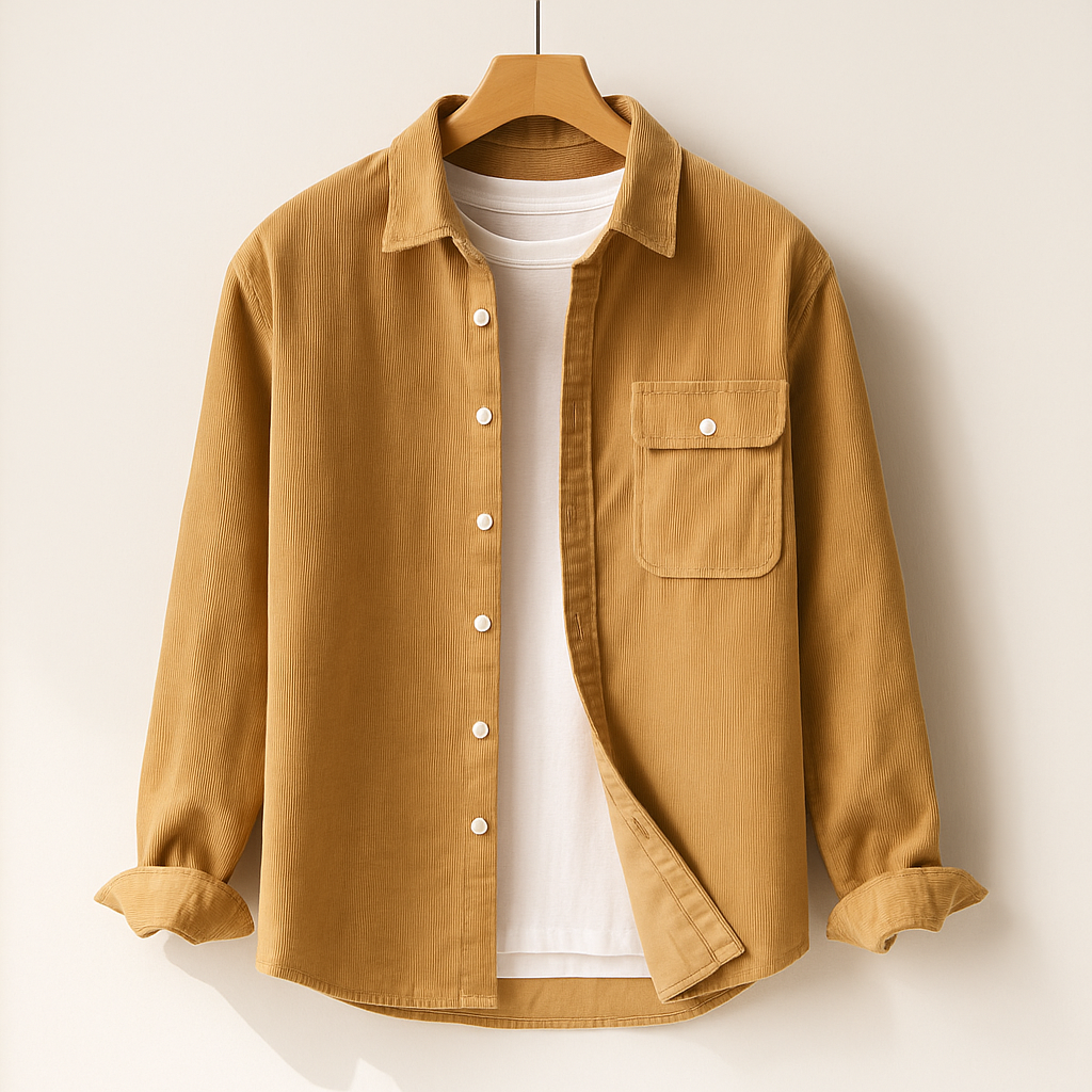 Men's Long Sleeve Shirt with Chest Pocket and Textured Surface