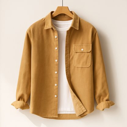 Men's Long Sleeve Shirt with Chest Pocket and Textured Surface