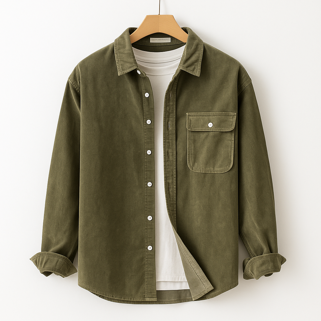 Men's Long Sleeve Shirt with Chest Pocket and Textured Surface