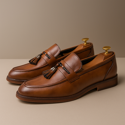 Men's Slippers Polished Surface Braided Tassel Strap Sewn Sole