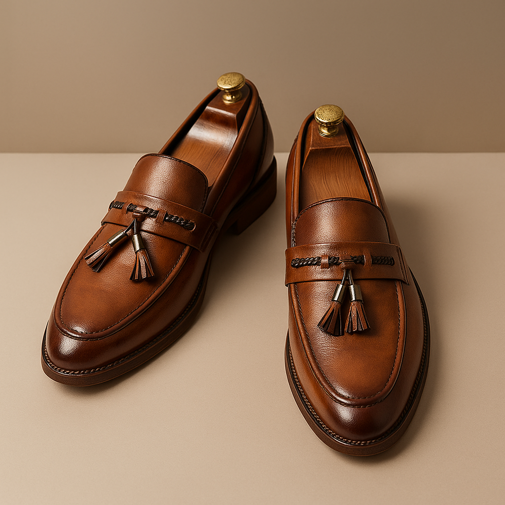 Men's Slippers Polished Surface Braided Tassel Strap Sewn Sole