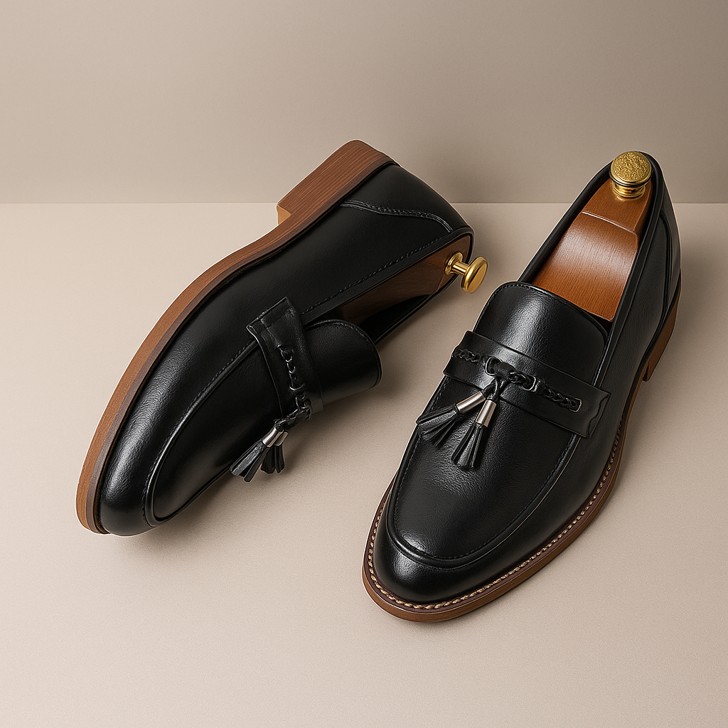 Men's Slippers Polished Surface Braided Tassel Strap Sewn Sole