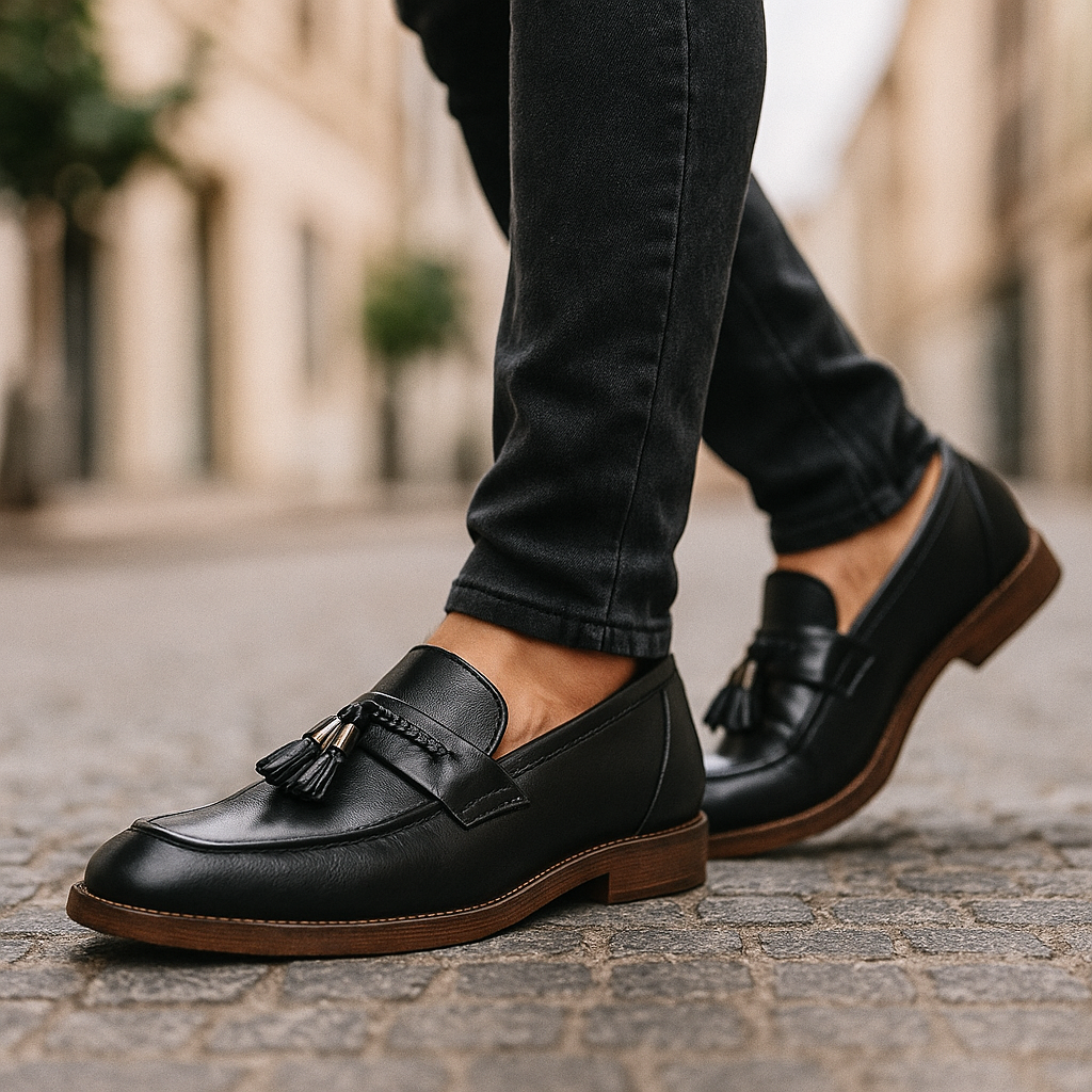 Men's Slippers Polished Surface Braided Tassel Strap Sewn Sole