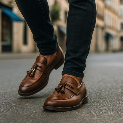 Men's Slippers Polished Surface Braided Tassel Strap Sewn Sole